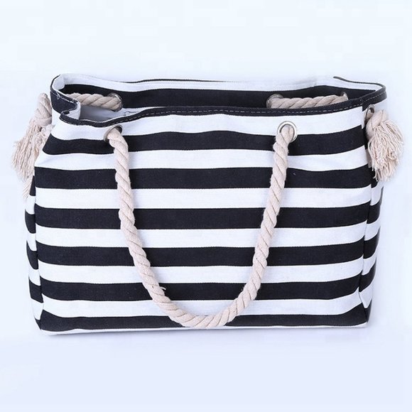 Navy Large Zipper Stripe tote beach bag - Picture 4 of 5